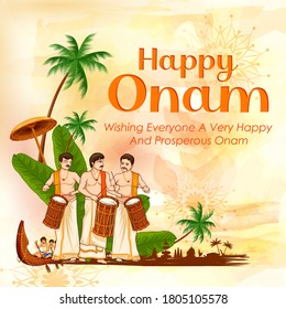 illustration of Keralite men playing traditional drum on background for Happy Onam festival of South India Kerala