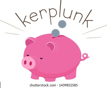 Illustration of Kerplunk Sound and Coins Going Inside a Piggy Bank. Learning Onomatopoeia