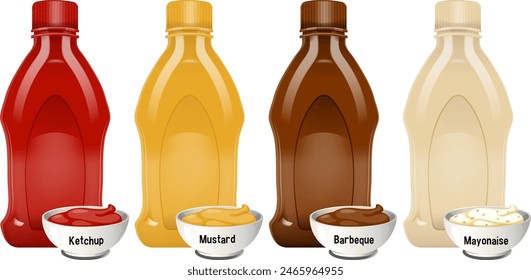 Illustration of ketchup, mustard, barbeque, mayonnaise bottles