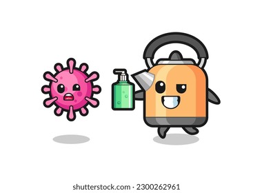 illustration of kettle character chasing evil virus with hand sanitizer , cute style design for t shirt, sticker, logo element