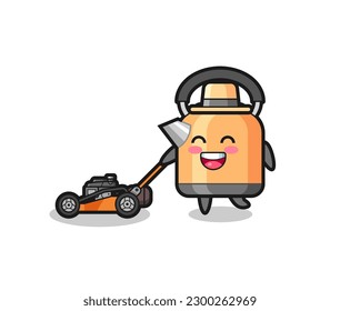 illustration of the kettle character using lawn mower , cute style design for t shirt, sticker, logo element