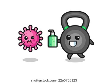 illustration of kettleball character chasing evil virus with hand sanitizer , cute style design for t shirt, sticker, logo element