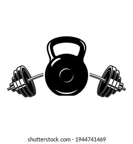 Illustration of of kettlebell and barbell . Design element for logo, label, sign, emblem, poster. Vector illustration