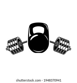 Illustration of of kettlebell and barbell . Design element for logo, label, sign, emblem, poster. Vector illustration
