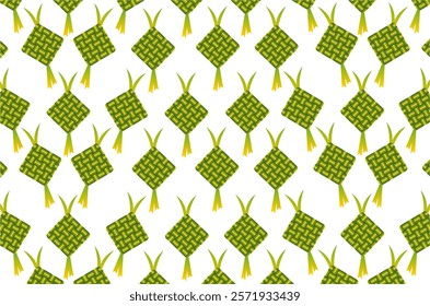 Illustration of a ketupat pattern with a traditional design in green and yellow. Perfevt for graphic design needs, decorations, packaging or traditional celebration themes such as Eid al-Fitr. 