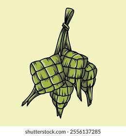 Illustration of ketupat or rice dumpling hanging.