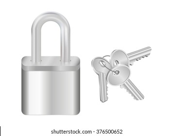 Illustration of key bunch and padlock in silver colors isolated
