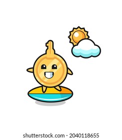 Illustration of key cartoon do surfing on the beach , cute design
