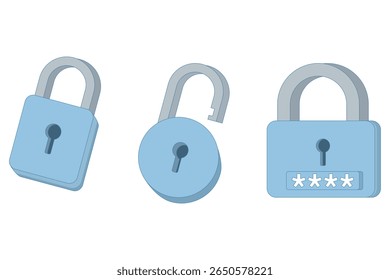illustration of key icon and password symbol. There are padlocks in locked and unlocked state. Combined password. flat design vector illustration on background.