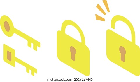 Illustration of key, lock, and unlock