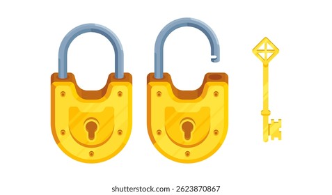 Illustration of a key with open and closed semi-circular lock. Set of lock and key in modern style.