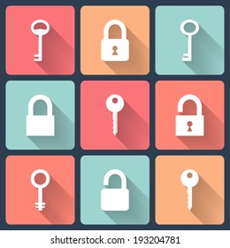 Illustration of Key and padlock flat icons set