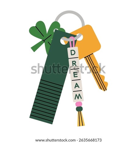 Illustration of key with trendy keychains. Perfect for creating real estate and mortgage advertising and inspiring lifestyle concepts. Vector illustration isolated on white background.