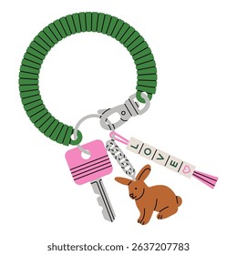 Illustration of a key with trendy keychains and a rubber bracelet. Good for real estate and mortgage advertising and inspiring lifestyle concepts. Vector illustration isolated on white background.