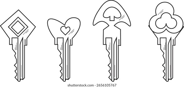 La ilustración de la llave con forma única como corazón, diamante, clavo y pala