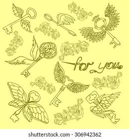 Illustration of the key with wings. Flying Keys. The pattern with keys.