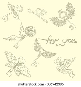 Illustration of the key with wings. Flying Keys. Pattern.