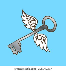 Illustration of the key with wings. Silver key with flying angel wings.