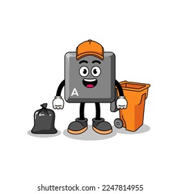 Illustration of keyboard A key cartoon as a garbage collector , character design
