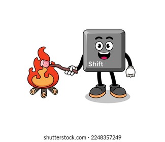 Illustration of keyboard shift key burning a marshmallow , character design