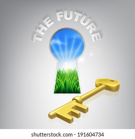 An illustration of a keyhole door and The Future in text above it. Concept for positive change or help
