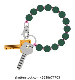 Ilustração de chaves e chaveiro de pulseira com contas com um clipe de mosqueteiro. Pode ser usado para promoção, lembrança ou acessórios de moda desenhos de lojas. Ilustração vetorial isolada sobre fundo branco.