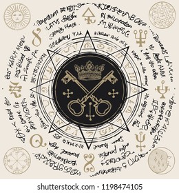 Illustration of the keys and crown in an octagonal star with handwritten magical inscriptions and symbols. Vector banner with old manuscript in retro style