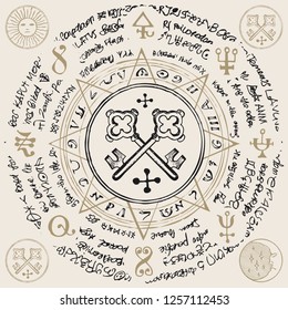 Illustration of the keys inside an octagonal star with handwritten magic inscriptions and symbols. Vector banner with an old manuscript in retro style written in a circle.