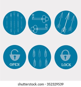 Illustration of keys, padlocks, keyhole, arrows and other decorated elements