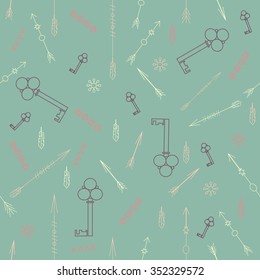 Illustration of keys, padlocks, keyhole, arrows and other decorated elements