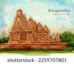 illustration of Khajuraho Temple a group of Hindu and Jain temples in Chhatarpur district, Madhya Pradesh, India