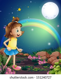 Illustration of a kid amazed by the sight of the rainbow and the fullmoon