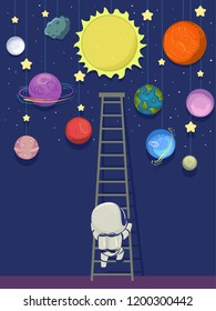 Illustration of a Kid Astronaut Climbing a Ladder Towards the Outer Space