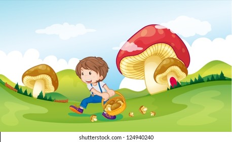 Illustration of a kid with a basket full of mushrooms