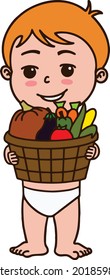 Ilustración de un niño con cesta de verduras en el vector