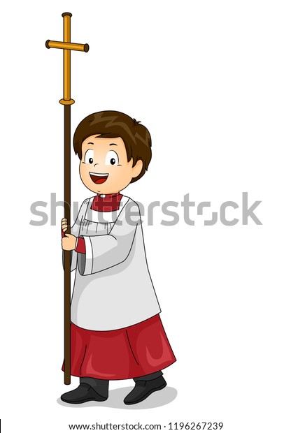 Illustration of a Kid Boy Altar Server Walking and\
Carrying a Cross