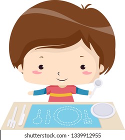 Illustration of a Kid Boy Arranging Plate and Utensils Using a Placemat with Plate, Spoon, Fork and Knife Patterns