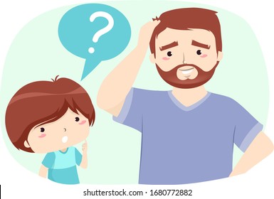 Illustration of a Kid Boy Asking His Father a Question He Has Trouble Answering. A Kid Boy with Speech Bubble with Question Mark