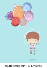 Illustration of a Kid Boy Astronaut Floating and Being Carried by Balloons with Planet Design