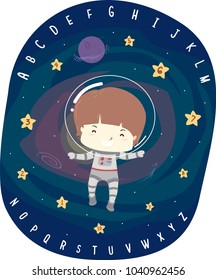 Illustration of a Kid Boy Astronaut Floating in Space with the Alphabet