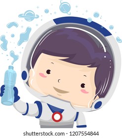 Illustration of a Kid Boy Astronaut Holding a Bottle of Water and Blobs of Water Floating