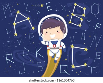 Illustration of a Kid Boy Astronaut with Rocket Behind and Alphabet Star Constellations