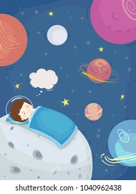 Illustration of a Kid Boy Astronaut Sleeping and Dreaming on Top of a Moon In Outer Space