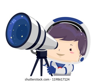 Illustration of a Kid Boy Astronaut Using a Telescope Looking Outer Space