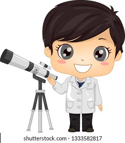 Illustration of a Kid Boy Astronomer Standing with His Telescope