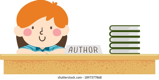 Illustration of a Kid Boy Author Smiling for Book Signing with a Stack of His Books on Table