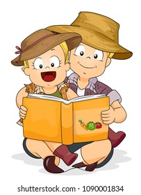 Illustration of a Kid Boy and Baby Girl Toddler Wearing Gardening Hat and Reading a Book About Vegetables