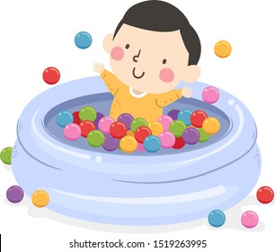 Illustration Of A Kid Boy Baby Playing Inside A Ball Pit With Colorful Balls