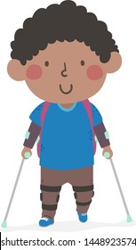 Illustration Of A Kid Boy With Backpack Going To School With Leg Brace And Walking Crutches