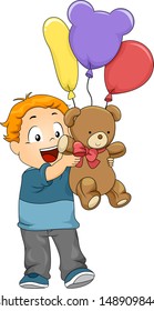 Illustration of Kid Boy with Balloons and Stuff Toy as a Gift